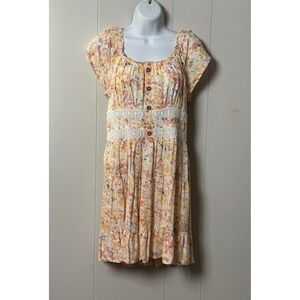 Japna Boho Floral Tiered Mini Dress Yellow Orange Crochet Lace Smocked Back Sz L